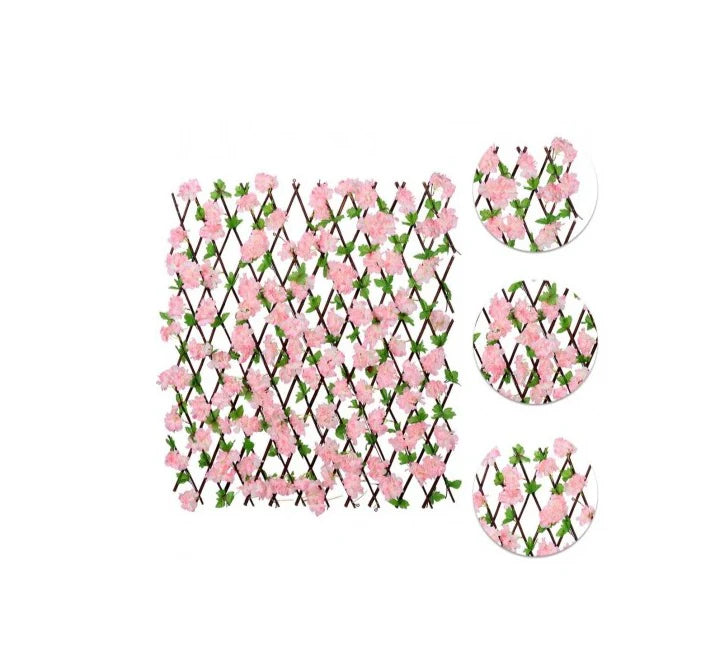 Gard paravan viu cu frunze si flori artificiale, AT PERFORMANCE, extensibil, 100x200 cm, roz